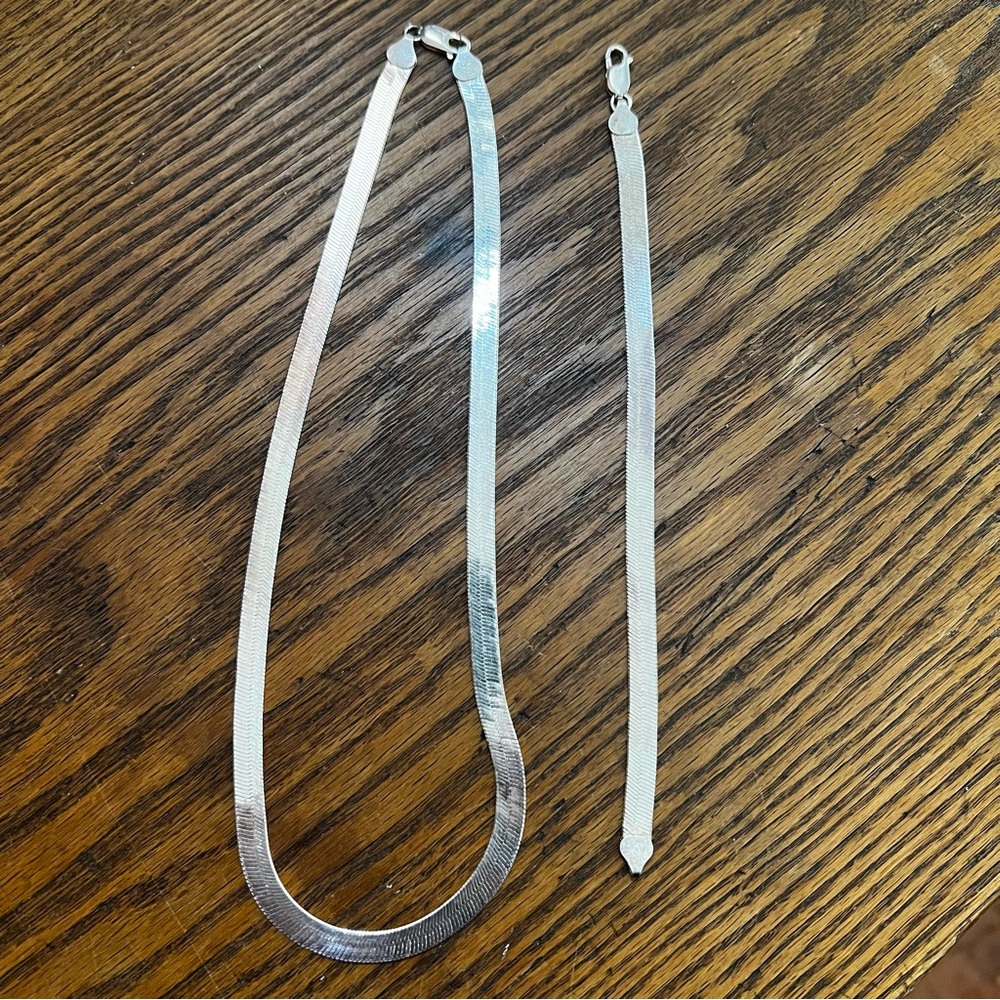 Vintage 925 Silver Herringbone Necklace Bracelet Set